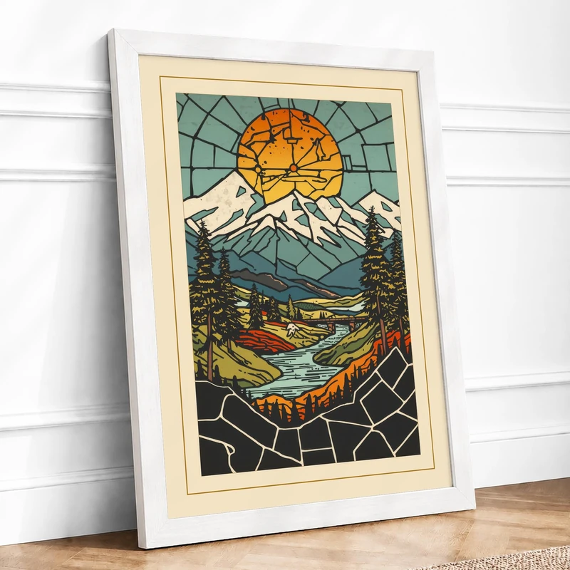 Mountain and Rising Sun Scandinavian Framed Wall Art Print A1 (84.1×59.4cm) White, Wall Decor for Living Room, Bedroom, Office & Home, Ready to Hang, Art Gift