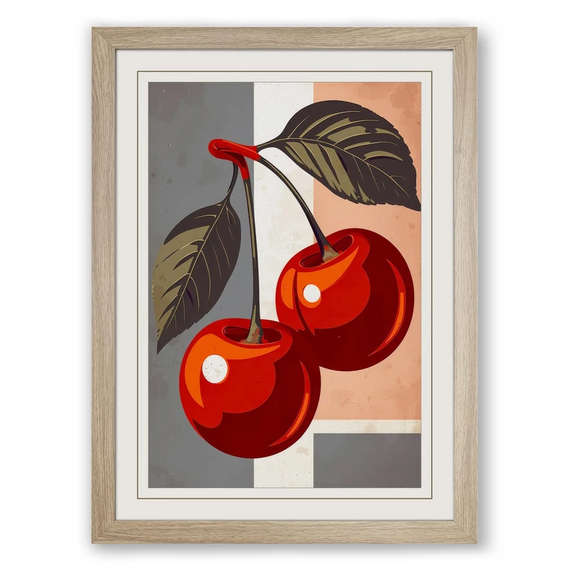 Cherries and Geometry Modern Framed Wall Art Print A1 (84.1×59.4cm) Oak, Wall Decor for Living Room, Bedroom, Office & Home, Ready to Hang, Art Gift