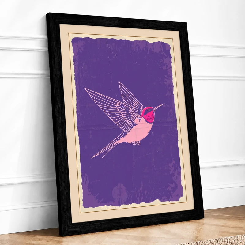 Magenta Hummingbird Modern Framed Wall Art Print A1 (84.1×59.4cm) Black, Wall Decor for Living Room, Bedroom, Office & Home, Ready to Hang, Art Gift