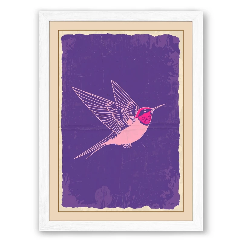 Magenta Hummingbird Modern Framed Wall Art Print A1 (84.1×59.4cm) White, Wall Decor for Living Room, Bedroom, Office & Home, Ready to Hang, Art Gift - Image 1
