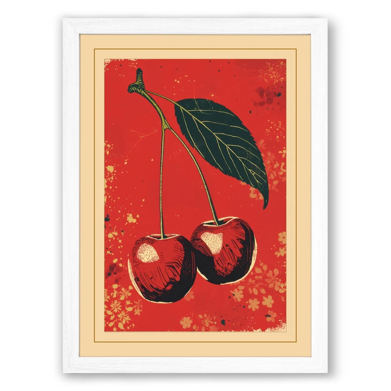 Cherry Pair Botanical Framed Wall Art Print A1 (84.1×59.4cm) White, Wall Decor for Living Room, Bedroom, Office & Home, Ready to Hang, Art Gift