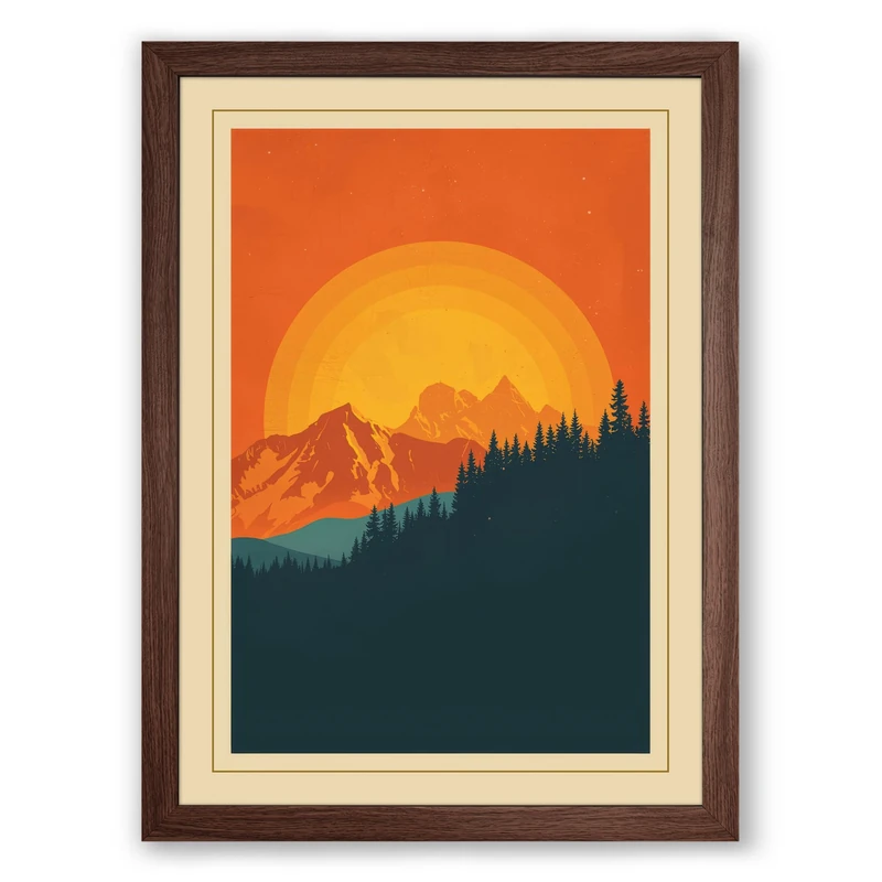 Golden Sun Over Mountain Retro Framed Wall Art Print A1 (84.1×59.4cm) Walnut, Wall Decor for Living Room, Bedroom, Office & Home, Ready to Hang, Art Gift