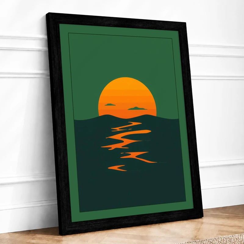 Sun Meets Sea Minimalist Framed Wall Art Print A1 Black