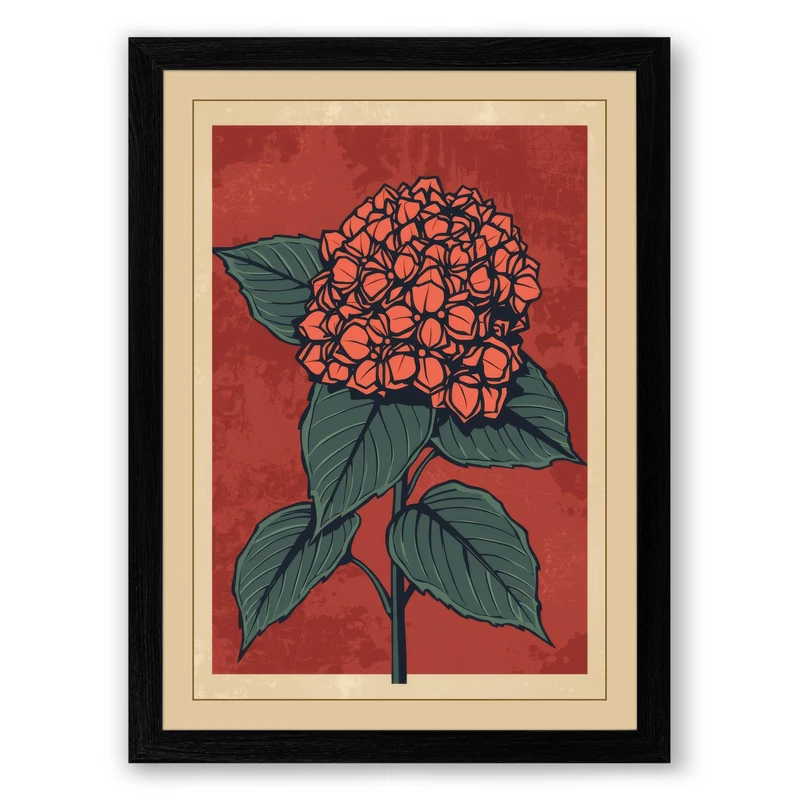 Hydrangea Woodblock Botanical Framed Wall Art Print A1 (84.1×59.4cm) Black, Wall Decor for Living Room, Bedroom, Office & Home, Ready to Hang, Art Gift