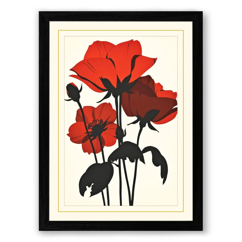 Red Roses in Black Botanical Framed Wall Art Print A1 (84.1×59.4cm) Black, Wall Decor for Living Room, Bedroom, Office & Home, Ready to Hang, Art Gift