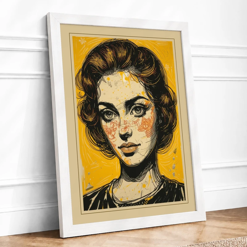 Woman in Black Ink Modern Framed Wall Art Print A1 (84.1×59.4cm) White, Wall Decor for Living Room, Bedroom, Office & Home, Ready to Hang, Art Gift