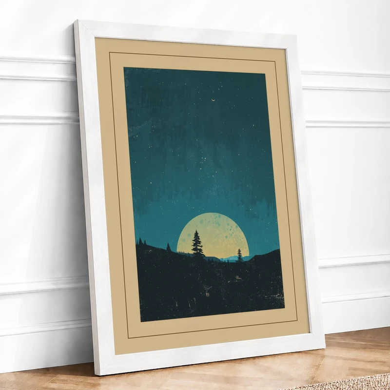 Tree Under Moonlight Vintage Framed Wall Art Print A1 (84.1×59.4cm) White, Wall Decor for Living Room, Bedroom, Office & Home, Ready to Hang, Art Gift - Image 1