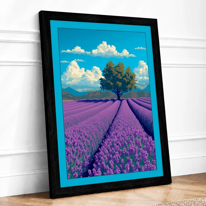 Tree in Lavender Fields Botanical Framed Wall Art Print A1 (84.1×59.4cm) Black, Wall Decor for Living Room, Bedroom, Office & Home, Ready to Hang, Art Gift