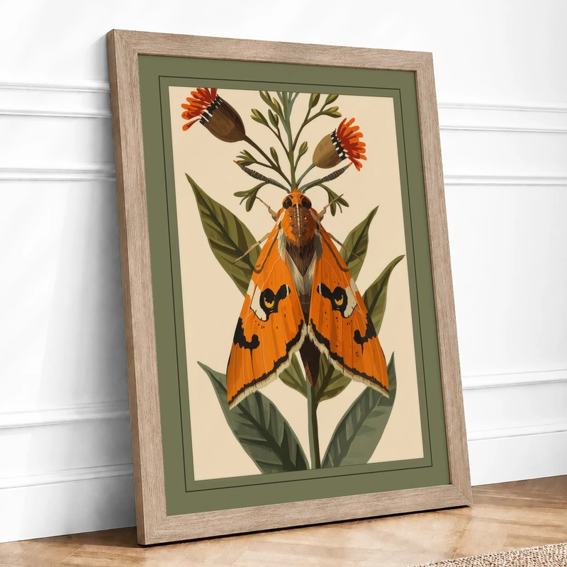 Symmetrical Moths and Flora Botanical Framed Wall Art Print A1 (84.1×59.4cm) Oak, Wall Decor for Living Room, Bedroom, Office & Home, Ready to Hang, Art Gift - Image 1