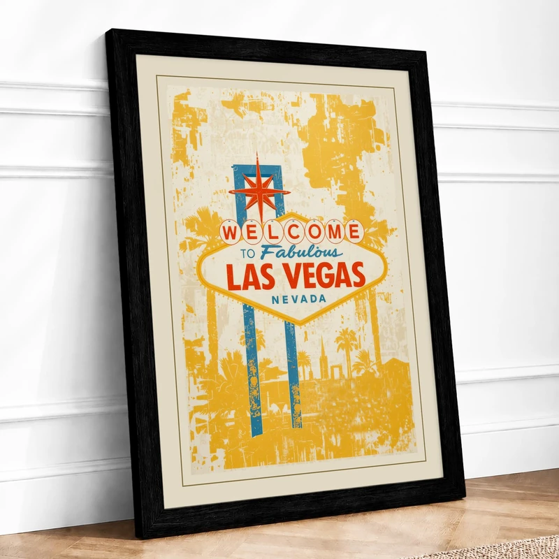 Welcome to Vegas Vintage Framed Wall Art Print A1 (84.1×59.4cm) Black, Wall Decor for Living Room, Bedroom, Office & Home, Ready to Hang, Art Gift - Image 1