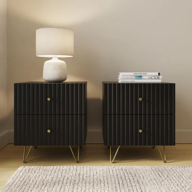 GFW Thalia Black Ribbed 2 Drawer Bedside Table Pair – Modern Bedroom Nightstand Cabinets with Storage