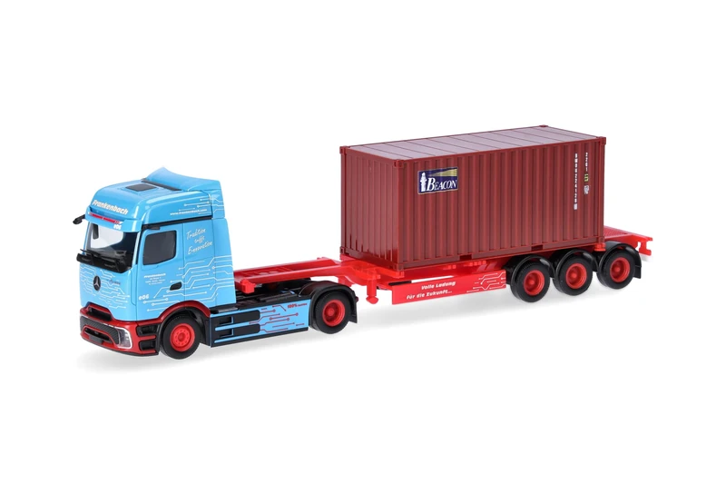 Herpa truck model Mercedes-Benz eActros ProCabin BigSpace 20 ft. container semitrailer "Frankenbach", on a scale of 1:87, plastic miniature, made in Germany, model building, collectors edition