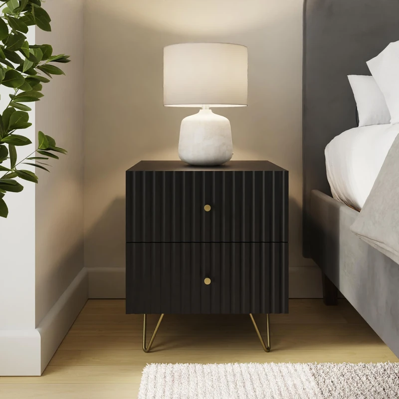 GFW Thalia 2 Drawer Bedside Table with Ribbed Front, Modern Nightstand with Brass Hairpin Legs for Bedroom Storage, Contemporary Side Table - Image 1
