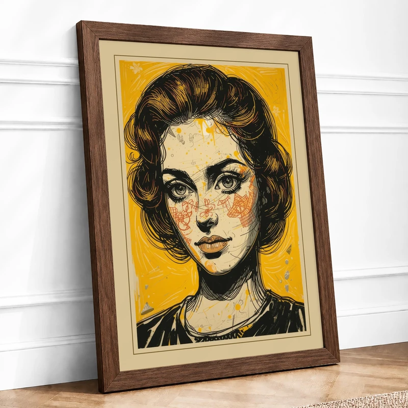Woman in Black Ink Modern Framed Wall Art Print A1 (84.1×59.4cm) Walnut, Wall Decor for Living Room, Bedroom, Office & Home, Ready to Hang, Art Gift - Image 1