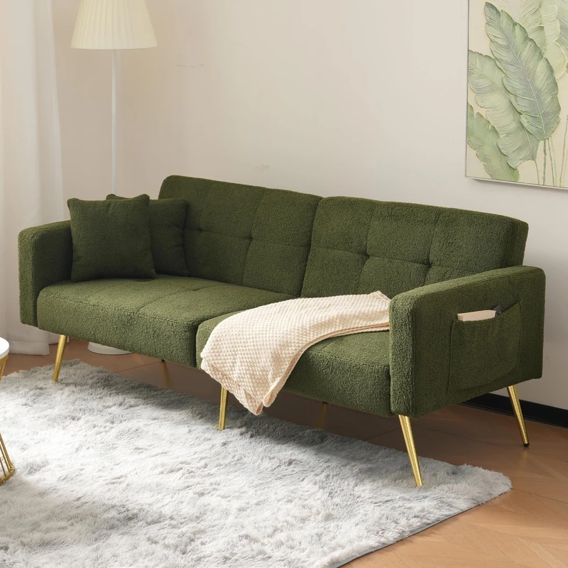 Ball & Cast Sofa Bed, 3 Seater Sofa Settee Couch with 3 Adjustable Backrest Angles, Gold Legs, Cushions and Side Storage Pockets, Green Sharpa Surface
