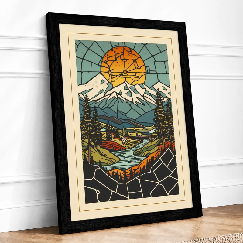 Mountain and Rising Sun Scandinavian Framed Wall Art Print A1 (84.1×59.4cm) Black, Wall Decor for Living Room, Bedroom, Office & Home, Ready to Hang, Art Gift