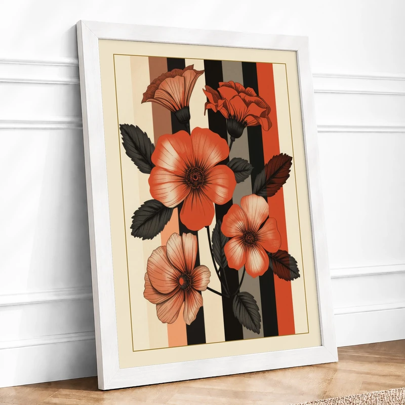Striped Floral Study Botanical Framed Wall Art Print A1 (84.1×59.4cm) White, Wall Decor for Living Room, Bedroom, Office & Home, Ready to Hang, Art Gift