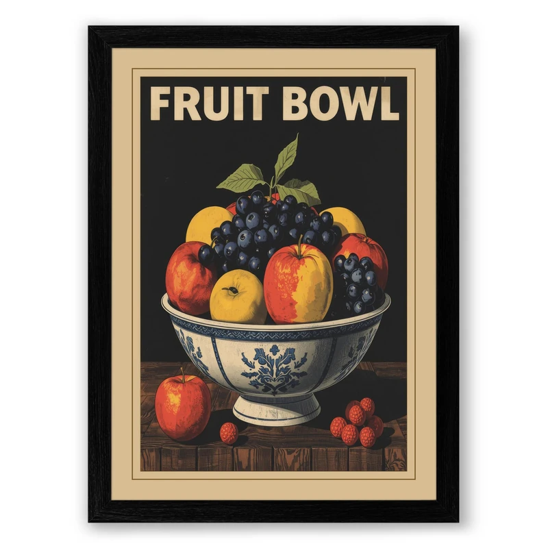 Fruit Bowl Vintage Framed Wall Art Print A1 (84.1×59.4cm) Black, Wall Decor for Living Room, Bedroom, Office & Home, Ready to Hang, Art Gift