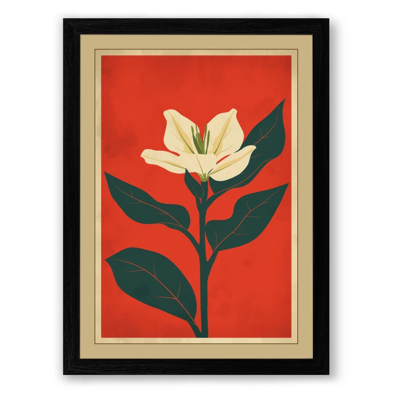 Cream Flower on Red Botanical Framed Wall Art Print A1 (84.1×59.4cm) Black, Wall Decor for Living Room, Bedroom, Office & Home, Ready to Hang, Art Gift