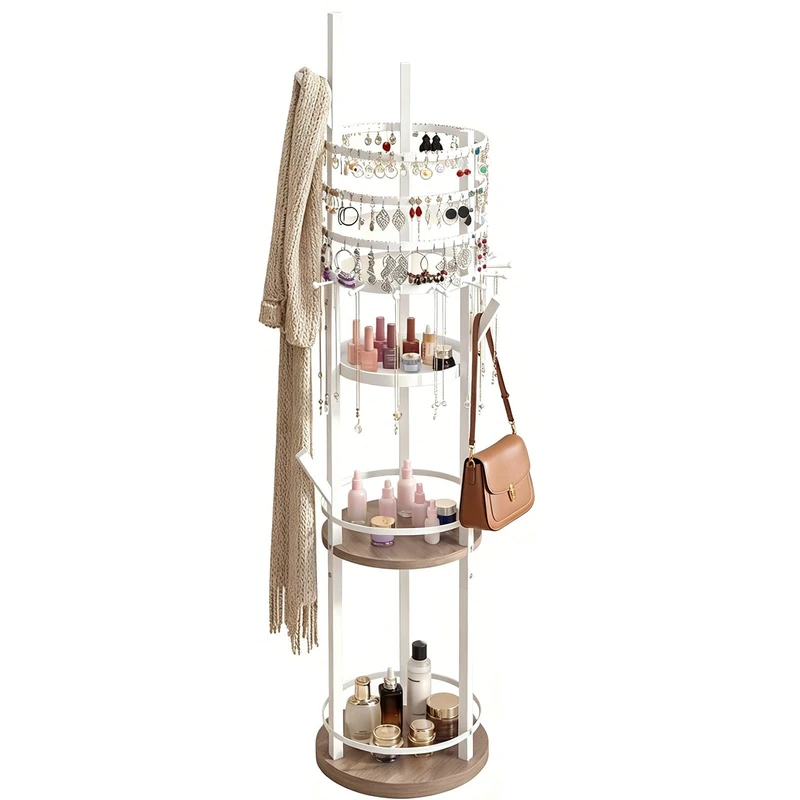 RELAX4LIFE Floor Jewelry Organizer Stand, 360°Rotating Large Handing Jewelry Organizer and Jewelry Holder for Women, Metal Jewelry Tree Organizer for Necklace Earring Bag Skincare (White)