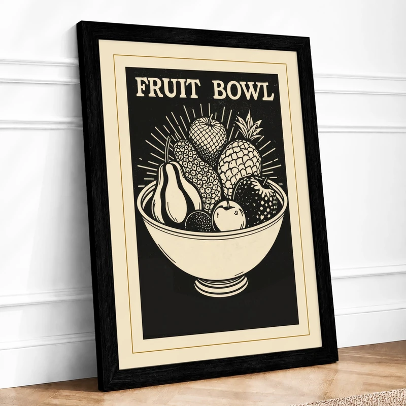 Fruit Bowl Modern Framed Wall Art Print A1 (84.1×59.4cm) Black, Wall Decor for Living Room, Bedroom, Office & Home, Ready to Hang, Art Gift