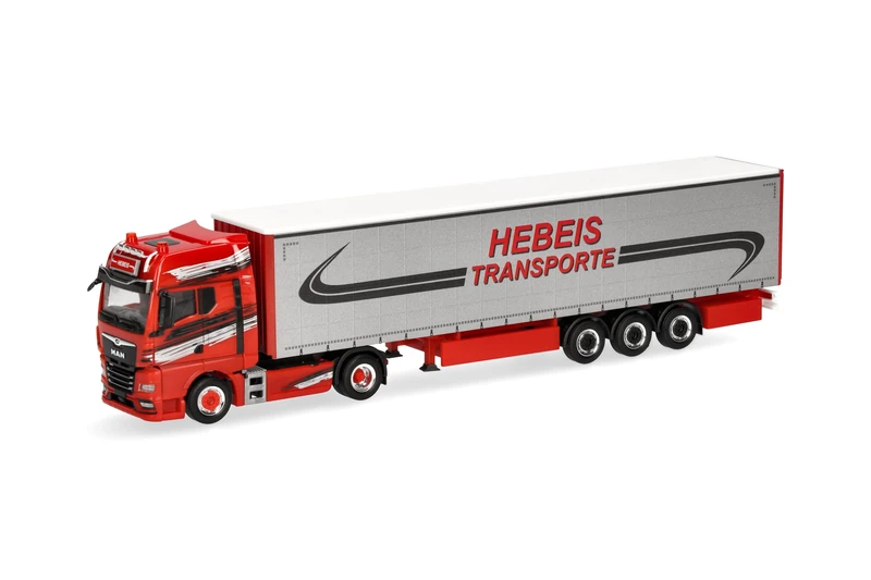 Herpa truck model MAN TGX GX curtain canvas semitrailer "Hebeis Transporte", on a scale of 1:87, plastic miniature, made in Germany, model building, collectors edition