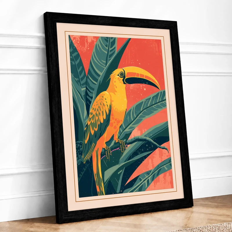 Toucan in Coral Tropical Framed Wall Art Print A1 (84.1×59.4cm) Black, Wall Decor for Living Room, Bedroom, Office & Home, Ready to Hang, Art Gift