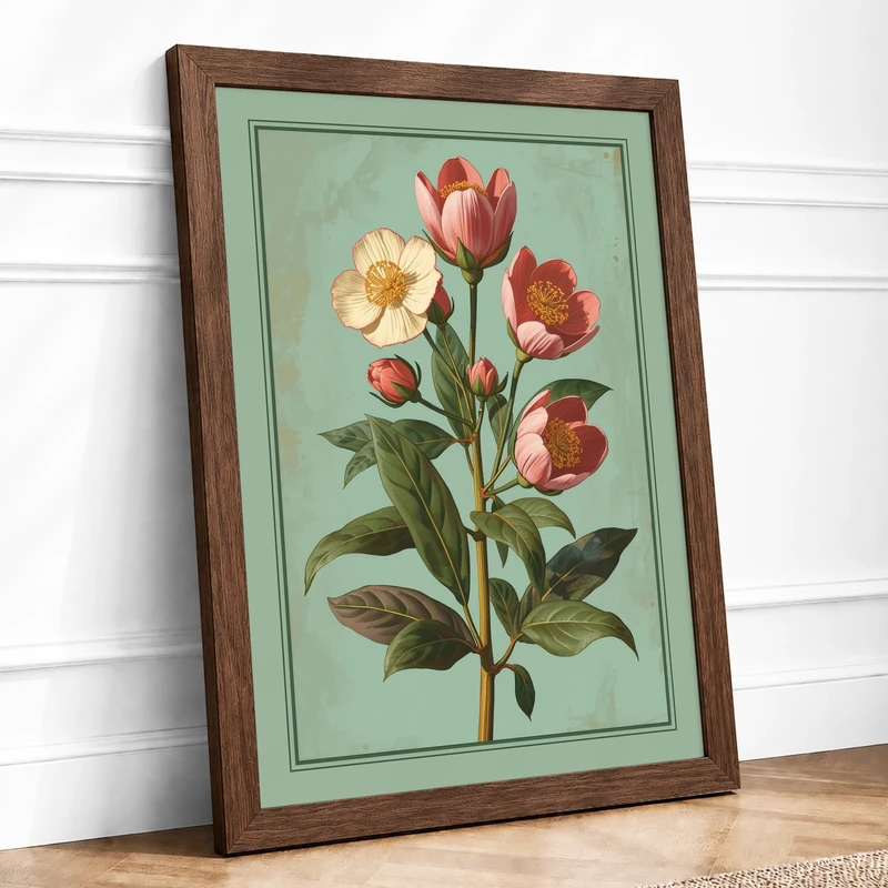Tulip Study in Red and Gold Botanical Framed Wall Art Print A1 (84.1×59.4cm) Walnut, Wall Decor for Living Room, Bedroom, Office & Home, Ready to Hang, Art Gift