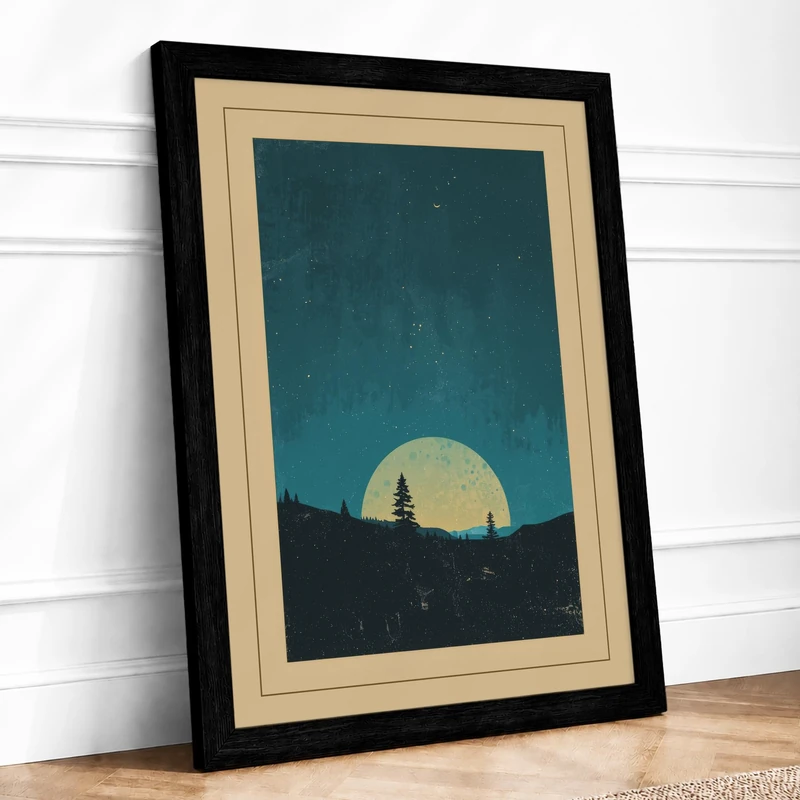Tree Under Moonlight Vintage Framed Wall Art Print A1 (84.1×59.4cm) Black, Wall Decor for Living Room, Bedroom, Office & Home, Ready to Hang, Art Gift - Image 1