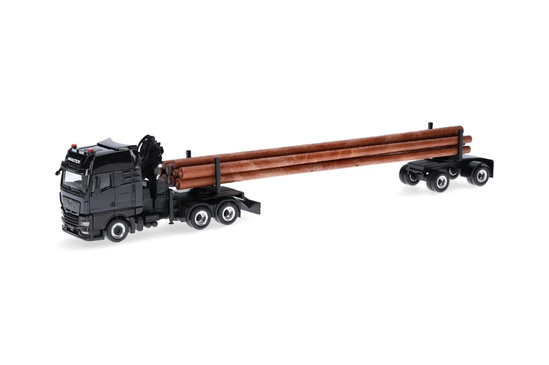 Herpa truck model MAN TGX GX long log transporter "Walter Holztransporte", on a scale of 1:87, plastic miniature, made in Germany, model building, collectors edition - Image 1