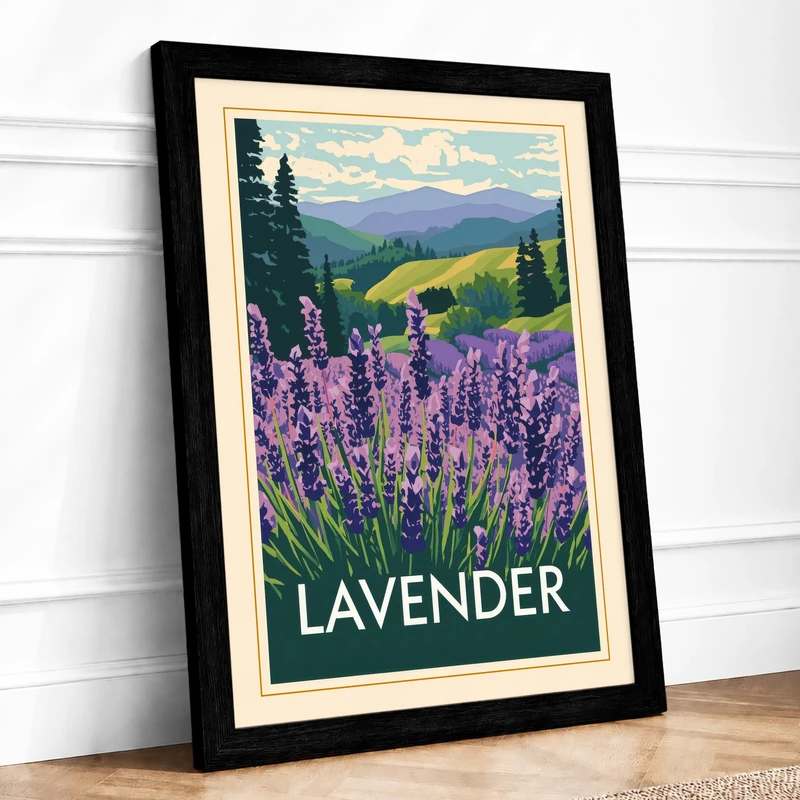 Lavender Fields Vintage Framed Wall Art Print A1 (84.1×59.4cm) Black, Wall Decor for Living Room, Bedroom, Office & Home, Ready to Hang, Art Gift