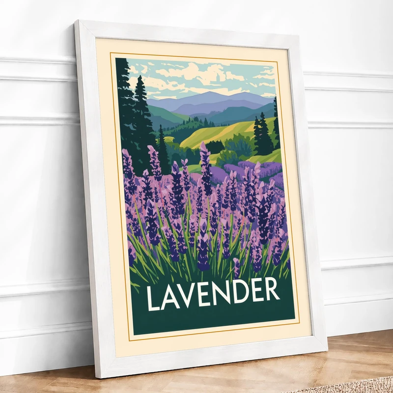 Lavender Fields Vintage Framed Wall Art Print A1 (84.1×59.4cm) White, Wall Decor for Living Room, Bedroom, Office & Home, Ready to Hang, Art Gift