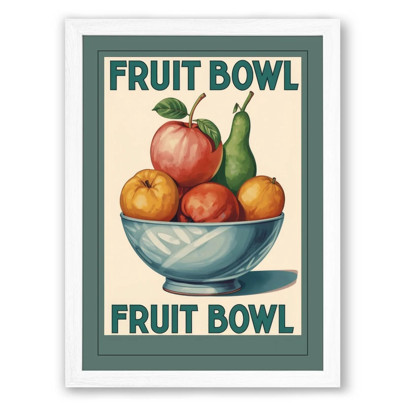 Fruit Bowl Vintage Retro Framed Wall Art Print A1 (84.1×59.4cm) White, Wall Decor for Living Room, Bedroom, Office & Home, Ready to Hang, Art Gift - Image 1