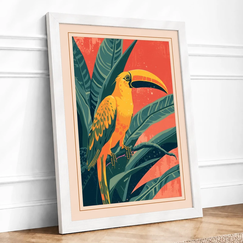 Toucan in Coral Tropical Framed Wall Art Print A1 (84.1×59.4cm) White, Wall Decor for Living Room, Bedroom, Office & Home, Ready to Hang, Art Gift