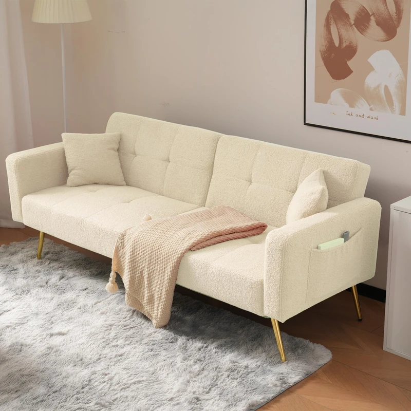 Ball & Cast Sofa Bed, 3 Seater Sofa Settee Couch with 3 Adjustable Backrest Angles, Gold Legs, Cushions and Side Storage Pockets, Beige Sharpa Surface