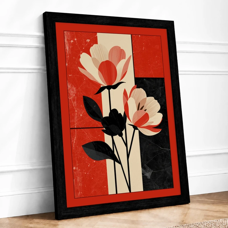Geometric Flora Art Deco Framed Wall Art Print A1 (84.1×59.4cm) Black, Wall Decor for Living Room, Bedroom, Office & Home, Ready to Hang, Art Gift