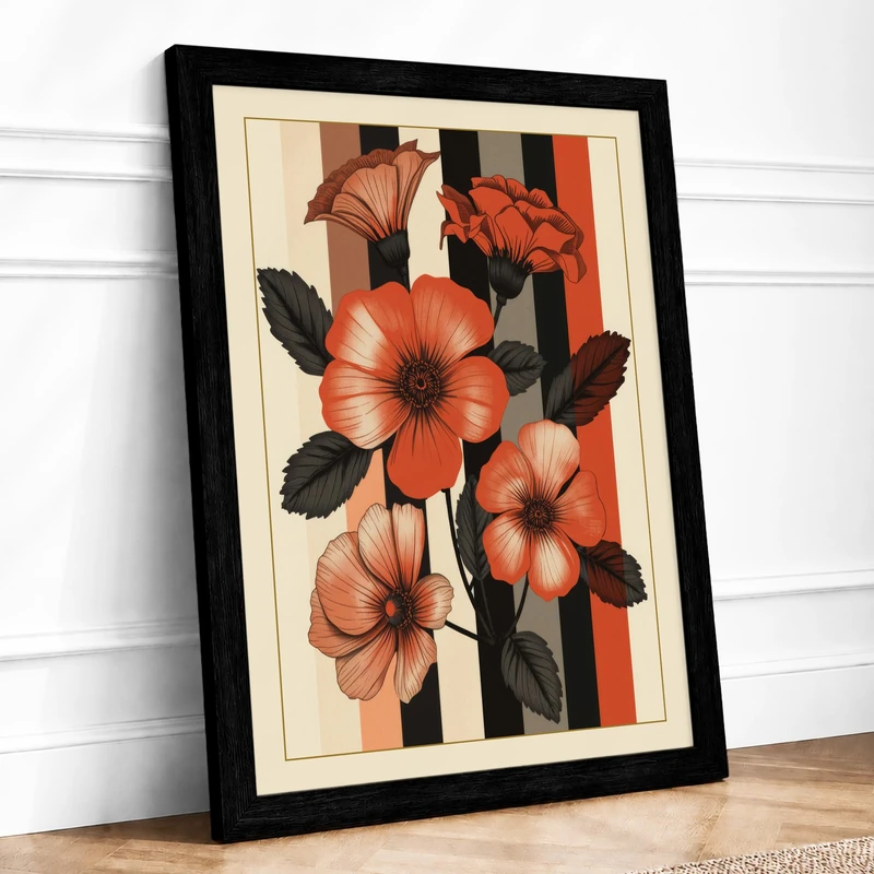 Striped Floral Study Botanical Framed Wall Art Print A1 (84.1×59.4cm) Black, Wall Decor for Living Room, Bedroom, Office & Home, Ready to Hang, Art Gift