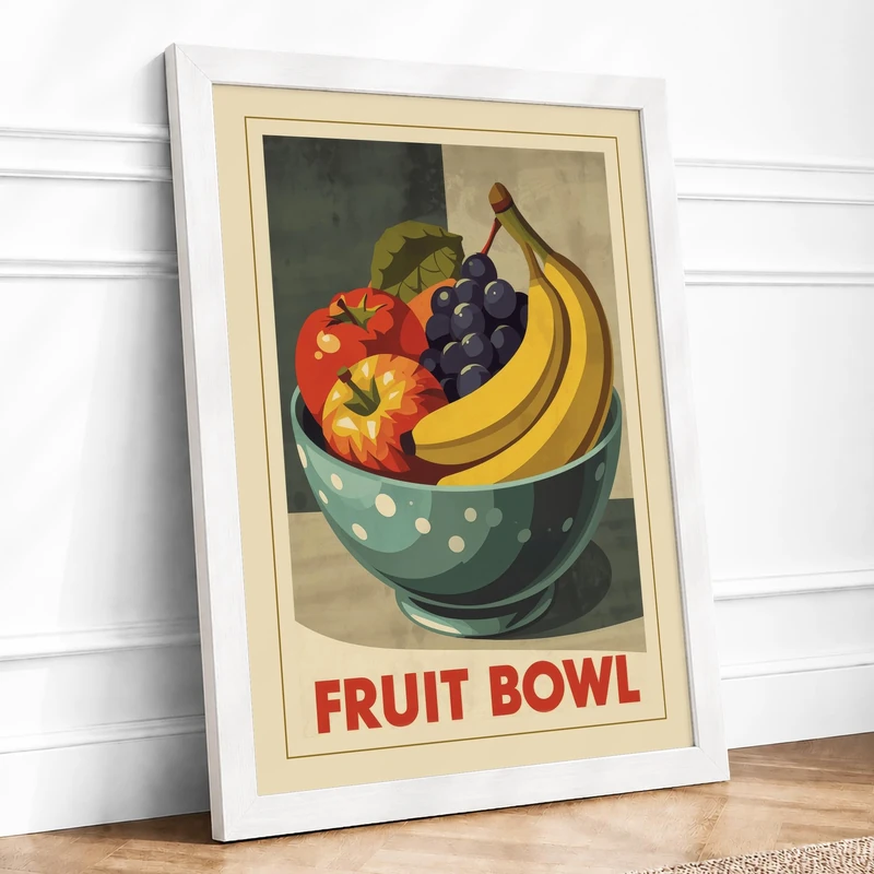 Fruit Bowl Retro Framed Wall Art Print A1 (84.1×59.4cm) White, Wall Decor for Living Room, Bedroom, Office & Home, Ready to Hang, Art Gift