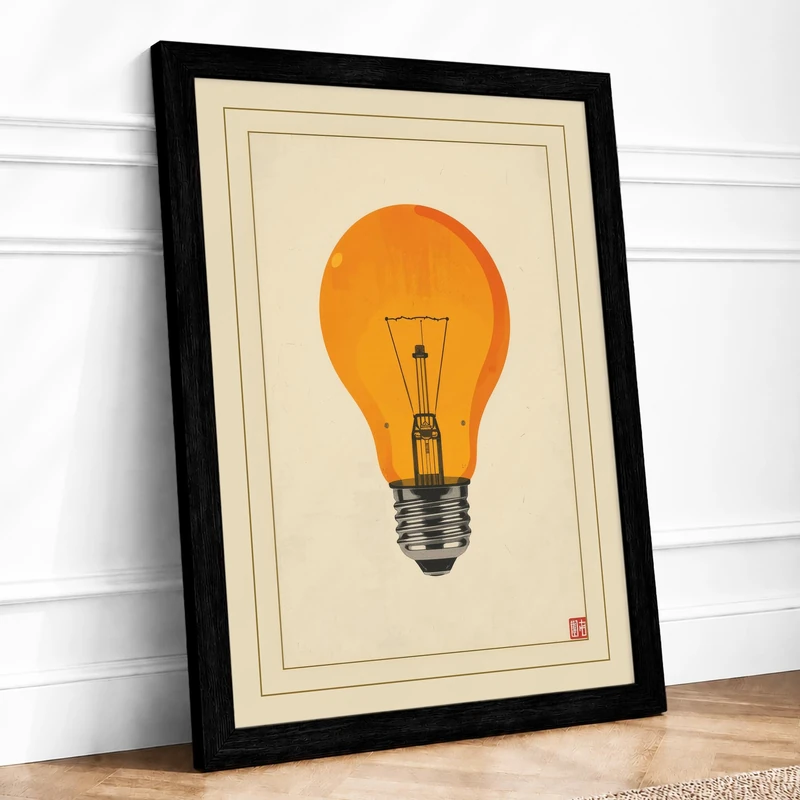 Glowing Bulb Minimalist Framed Wall Art Print A1 (84.1×59.4cm) Black, Wall Decor for Living Room, Bedroom, Office & Home, Ready to Hang, Art Gift - Image 1