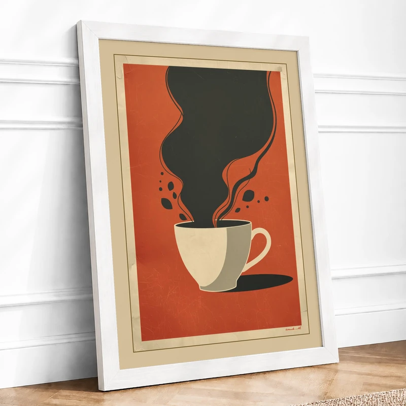 Coffee and Contemplation Minimalist Framed Wall Art Print A1 (84.1×59.4cm) White, Wall Decor for Living Room, Bedroom, Office & Home, Ready to Hang, Art Gift