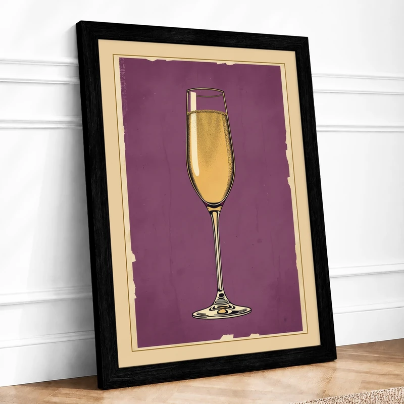 Golden Champagne Glass Mid-Century Framed Wall Art Print A1 (84.1×59.4cm) Black, Wall Decor for Living Room, Bedroom, Office & Home, Ready to Hang, Art Gift