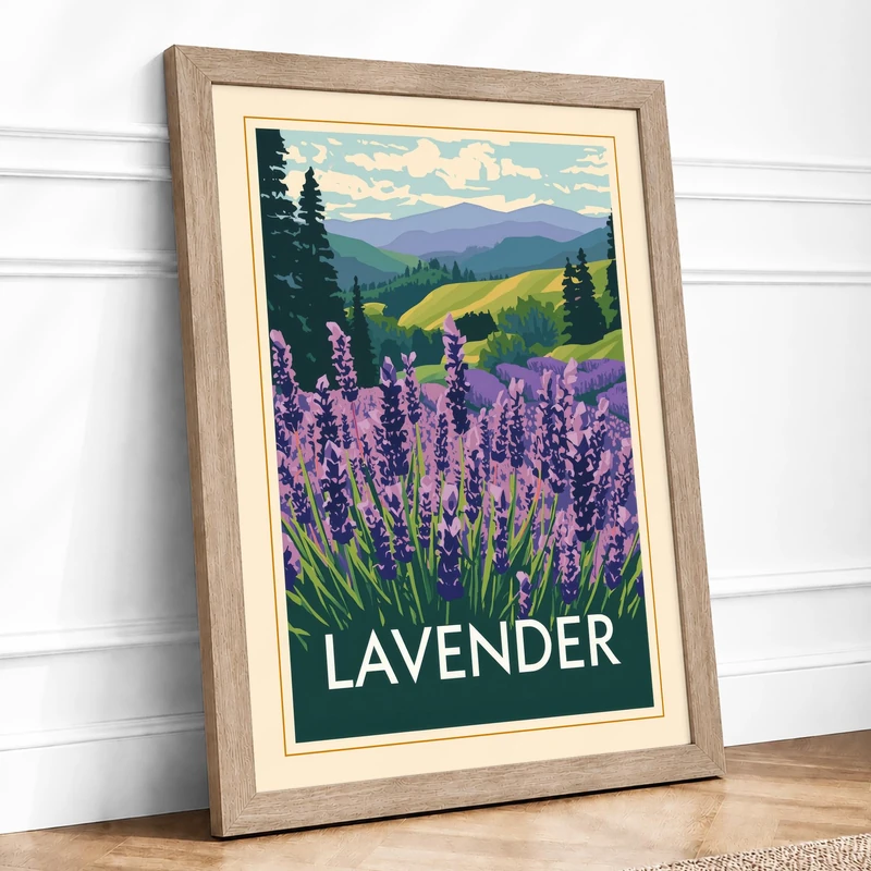 Lavender Fields Vintage Framed Wall Art Print A1 (84.1×59.4cm) Oak, Wall Decor for Living Room, Bedroom, Office & Home, Ready to Hang, Art Gift