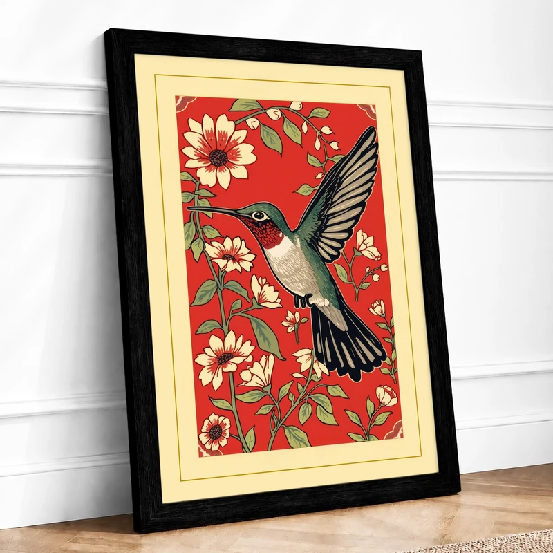 Hummingbird in Bloom Botanical Framed Wall Art Print A1 (84.1×59.4cm) Black, Wall Decor for Living Room, Bedroom, Office & Home, Ready to Hang, Art Gift