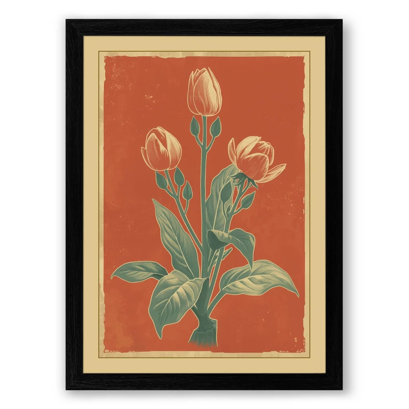 Coral Tulips Botanical Framed Wall Art Print A1 (84.1×59.4cm) Black, Wall Decor for Living Room, Bedroom, Office & Home, Ready to Hang, Art Gift