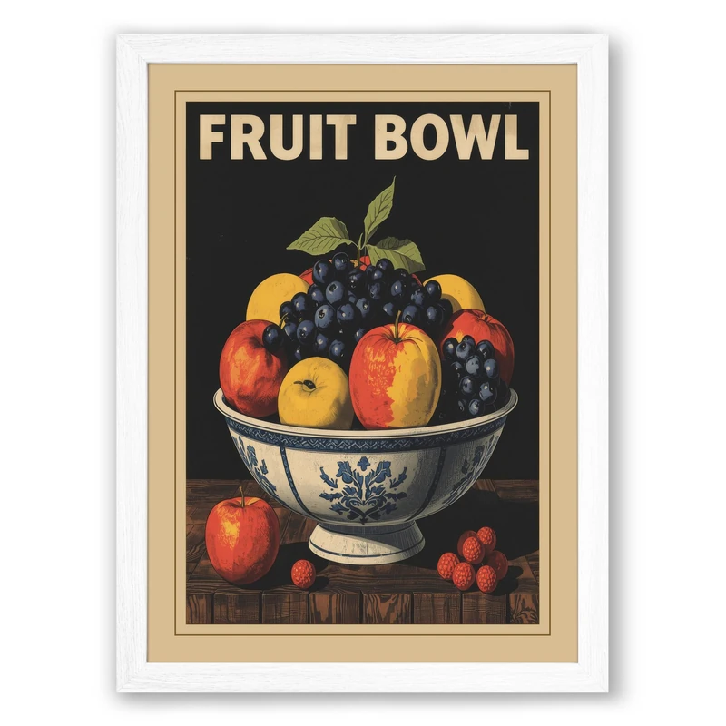 Fruit Bowl Vintage Framed Wall Art Print A1 (84.1×59.4cm) White, Wall Decor for Living Room, Bedroom, Office & Home, Ready to Hang, Art Gift