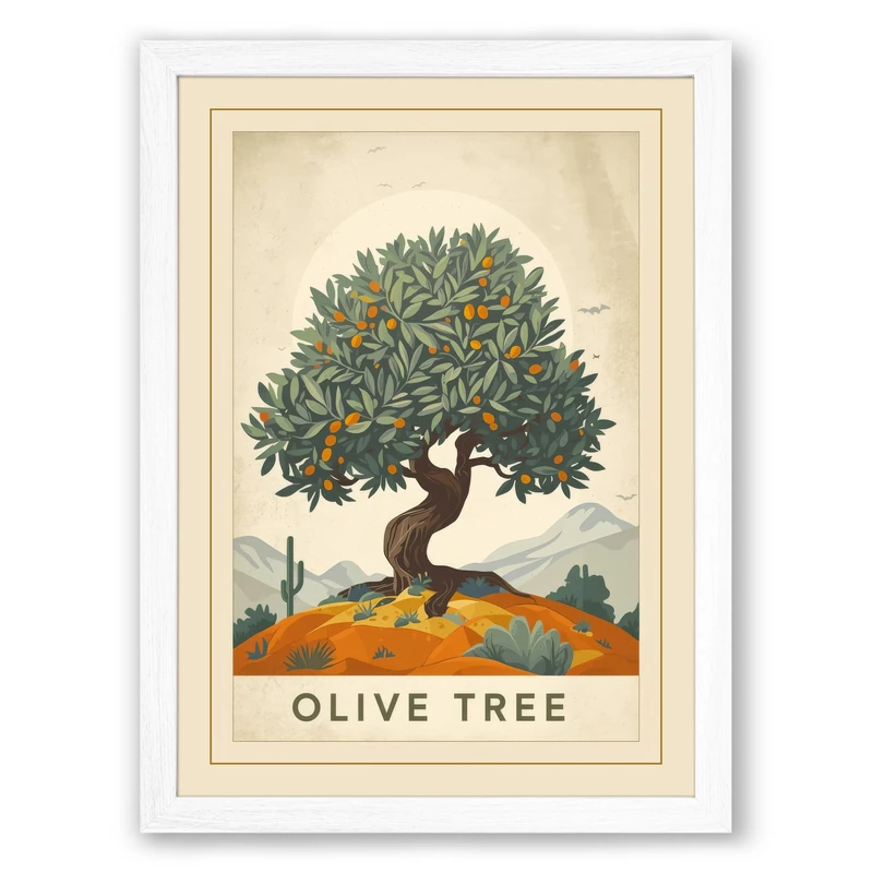 Olive Tree Botanical Framed Wall Art Print A1 (84.1×59.4cm) White, Wall Decor for Living Room, Bedroom, Office & Home, Ready to Hang, Art Gift