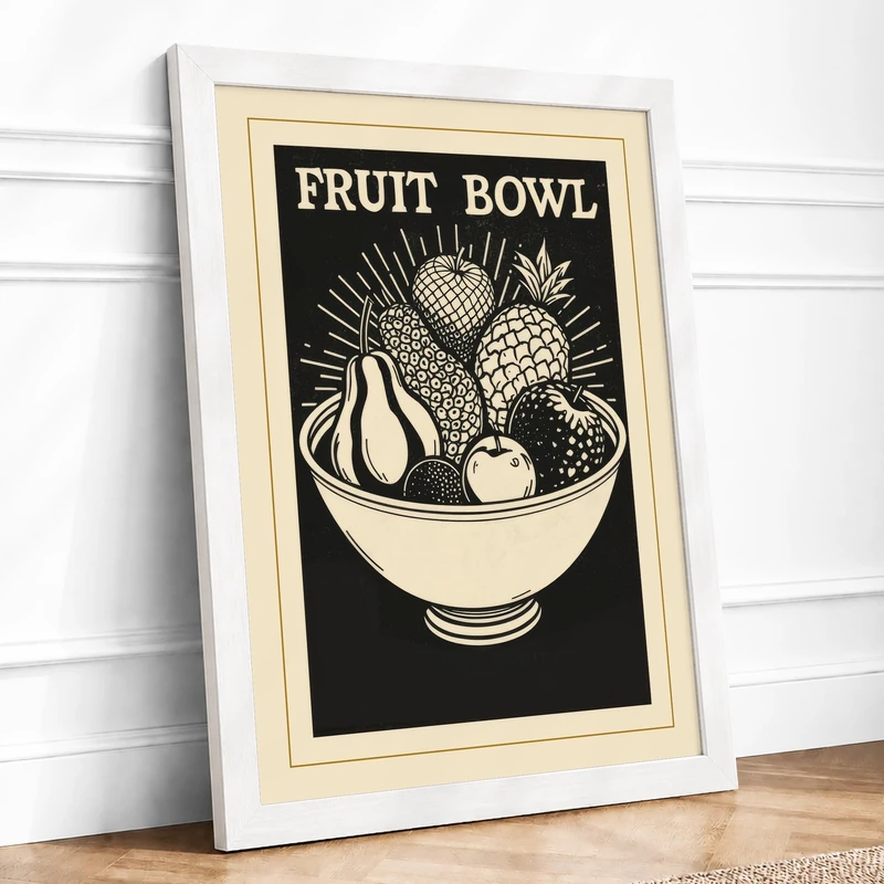 Fruit Bowl Modern Framed Wall Art Print A1 (84.1×59.4cm) White, Wall Decor for Living Room, Bedroom, Office & Home, Ready to Hang, Art Gift