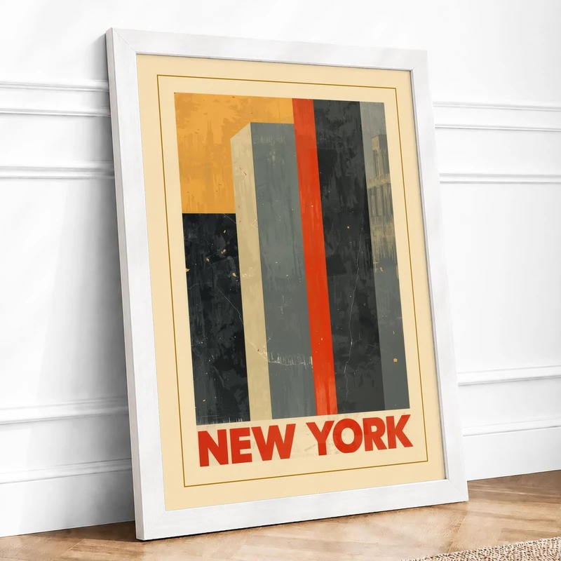 Skyline of New York Retro Framed Wall Art Print A1 (84.1×59.4cm) White, Wall Decor for Living Room, Bedroom, Office & Home, Ready to Hang, Art Gift