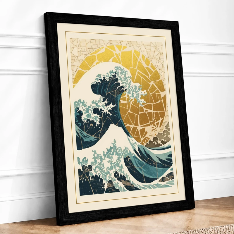 Wave and Rising Sun Japandi Framed Wall Art Print A1 (84.1×59.4cm) Black, Wall Decor for Living Room, Bedroom, Office & Home, Ready to Hang, Art Gift