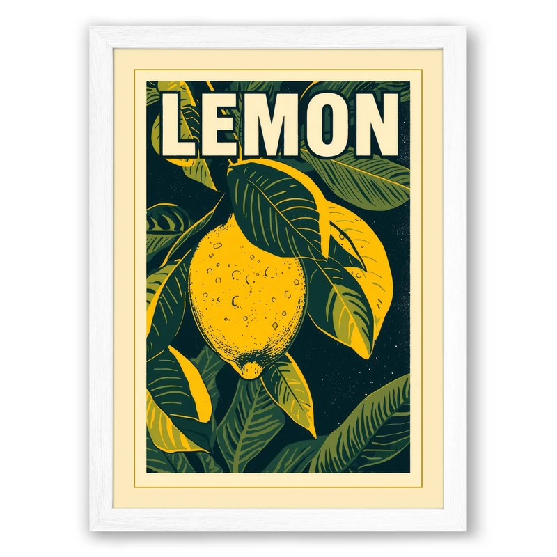 Lemon Market Print Vintage Framed Wall Art Print A1 (84.1×59.4cm) White, Wall Decor for Living Room, Bedroom, Office & Home, Ready to Hang, Art Gift